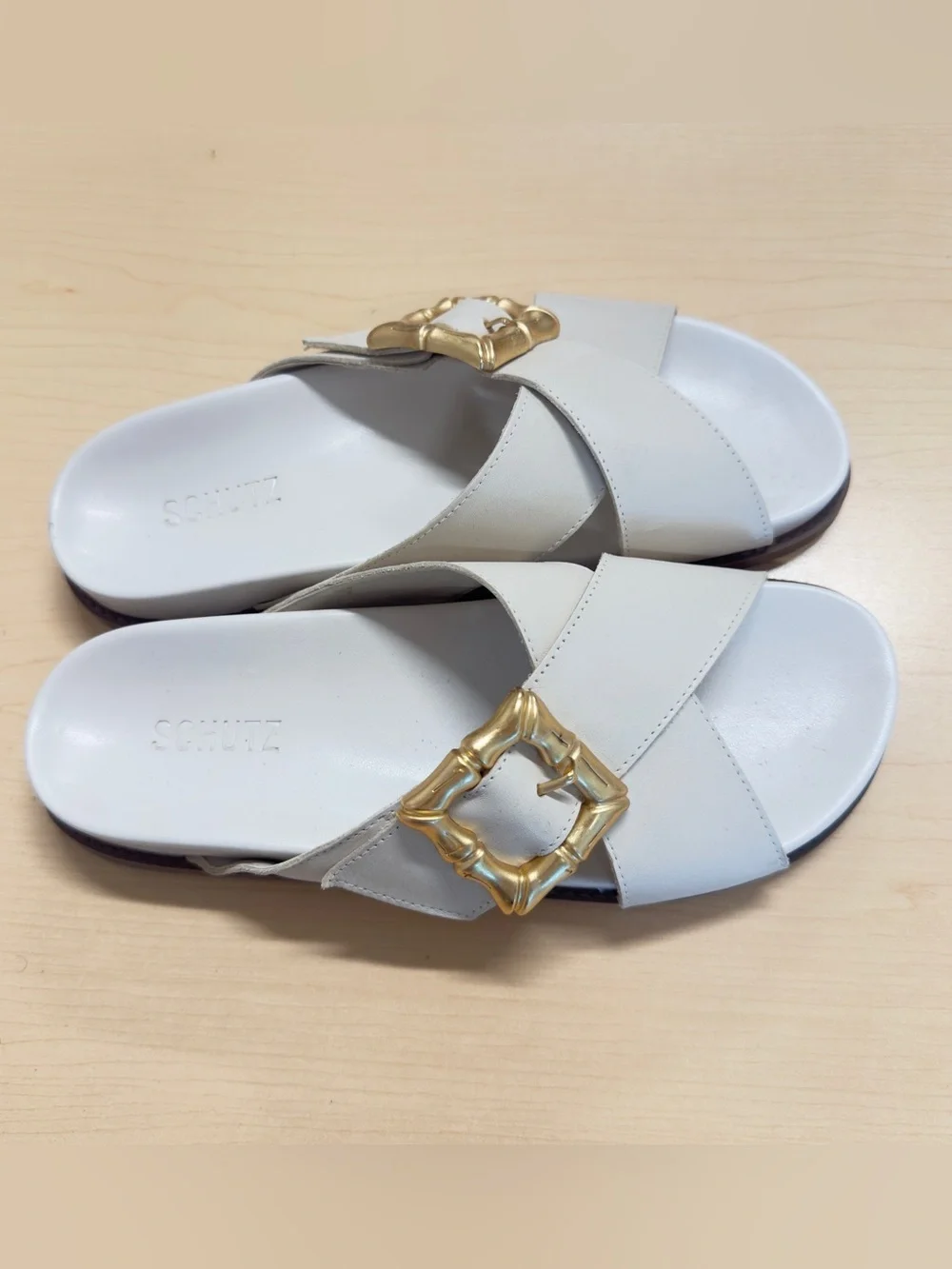 SCHUTZ Enola Leather Crossband Gold Buckle Slide Sandals Pearl White 8.5